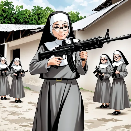 Prompt: Beautiful Phillipino catholic nun wearing glasses and grey uniform firing submachine gun protecting orphanage 