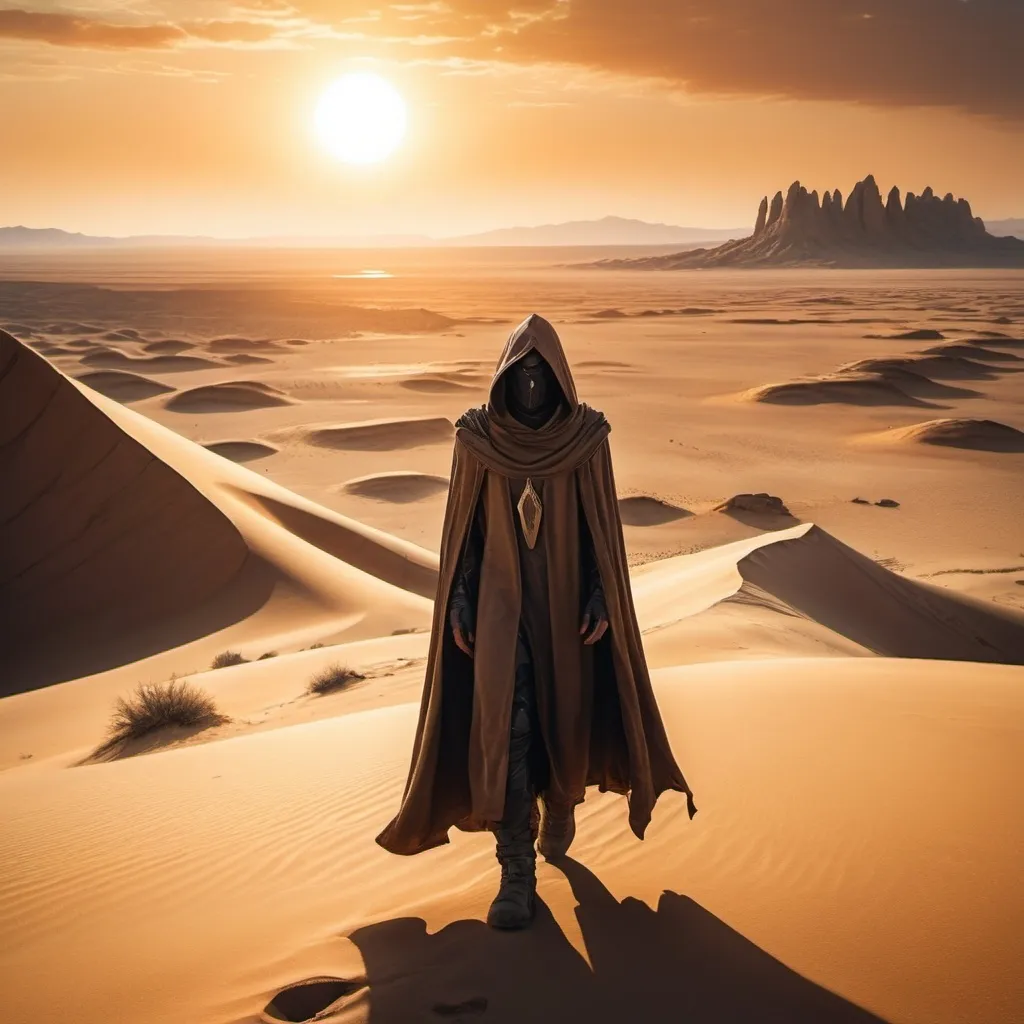 Prompt: (Fremen in a hood, cloak, and stillsuit) overlooking a vast desert landscape, dramatic rock formations surrounding them, the sun setting in the distance casting warm golden hues over the dunes, crisp and ultra-detailed, evoking a sense of resilience and adventure in a stark, barren environment. High contrast between shadows and highlights emphasizing the rugged terrain.