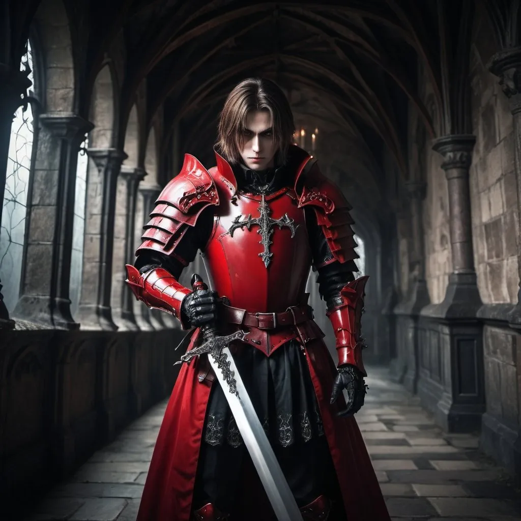 Vampire knight in red armor, holding a sword, inside...