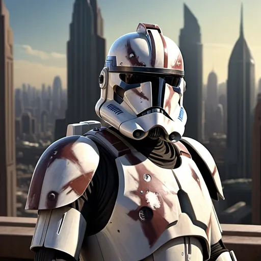 Prompt: Phase 2 clone trooper on Coruscant, digital painting, detailed armor with battle scars, bustling cityscape in the background, intense and focused gaze, high-tech weapon, cinematic quality, realistic, sci-fi, urban, detailed armor, professional, atmospheric lighting