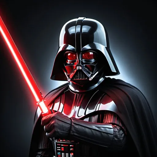 Prompt: Darth Vader with glowing red eyes, holding a red lightsaber, intimidating stance, high-contrast lighting, realistic 3D rendering, ominous atmosphere, intense red glow, menacing presence, detailed helmet design, shadowy silhouette, high quality, highres, realistic, menacing, intense lighting, detailed, red tones