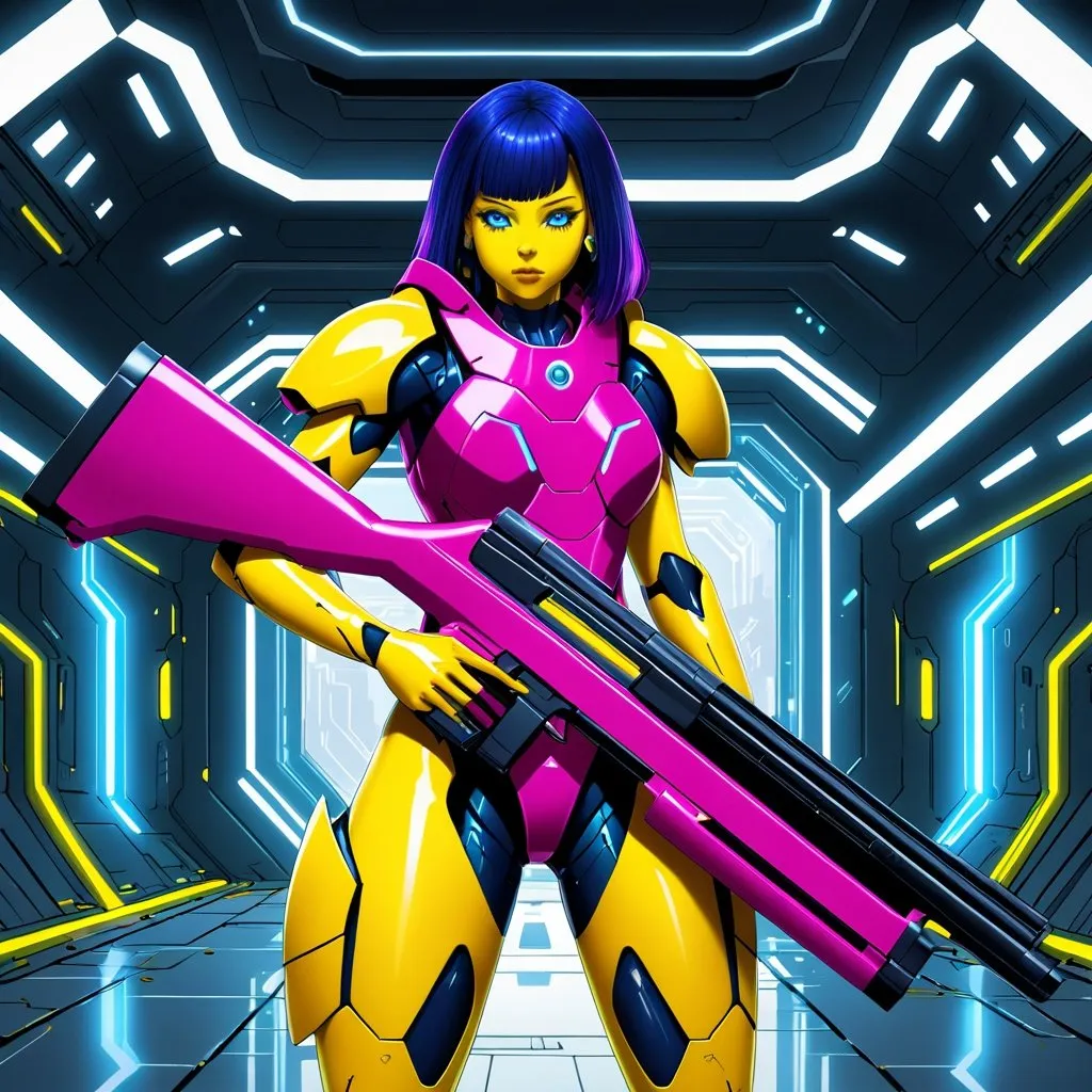 Prompt: Giant woman with dark blue hair piercing light blue eyes yellow skin wearing magenta body armour holding futuristic shotgun in futuristic military base setting 