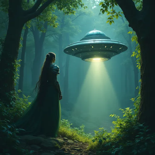 Prompt: Elf guarding UFO in a mystical forest, shimmering ethereal light, vibrant green foliage, enigmatic atmosphere, deep shadowy corners, soft mystical glow, ancient trees towering, intricate elven armor, vigilant expression, stars twinkling above, tranquil ambiance, fantasy theme, high detail, ultra-detailed, enchanting scenery, mythic juxtaposition of technology and nature.