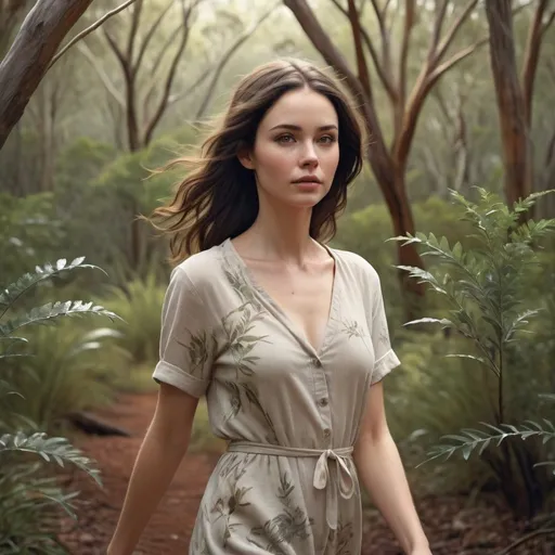 Prompt: Beautiful, pale, brunette woman, walking through Australian bush, detailed foliage, high quality, realistic rendering, natural lighting, serene atmosphere