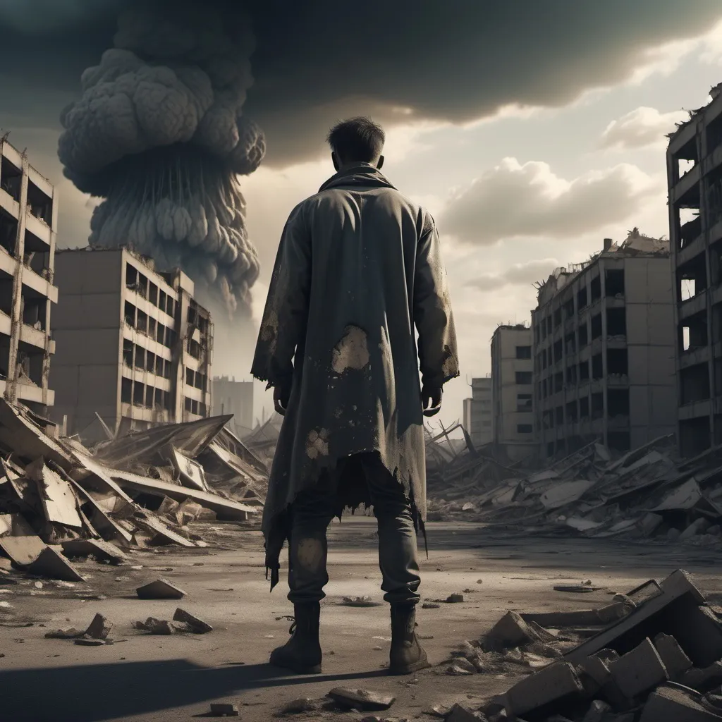 Prompt: Man in ripped clothes, (dramatic pose), standing amid a devastated nuclear holocaust landscape, scattered debris and crumbled buildings around, (post-apocalyptic vibe), eerie dim lighting casting long shadows, muted color tones with hints of decay, clouds of radioactive dust lingering in the air, conveying a sense of despair and survival, (highly detailed), (4K).