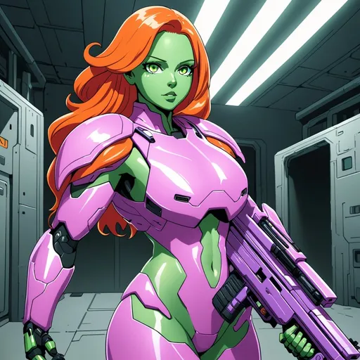 Prompt: Giant woman with hot pink skin orange hair green eyes wearing lilac body armour carrying futuristic gun in military base