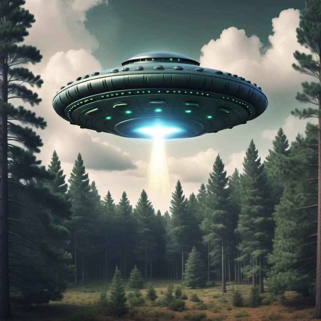 Prompt: UFO flying over pine forest 