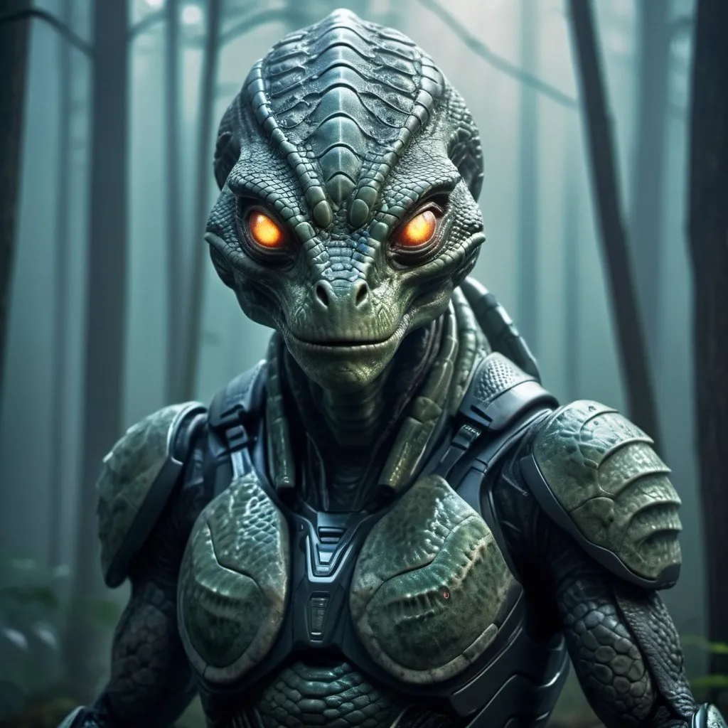Prompt: Reptilian alien in body armor, glowing eyes, misty forest, detailed scales, sci-fi, high-tech, atmospheric lighting, cool tones, professional, ultra-detailed, futuristic, intense gaze, surreal, alien creature, fantasy, mysterious, reptilian texture, highres, foggy atmosphere
