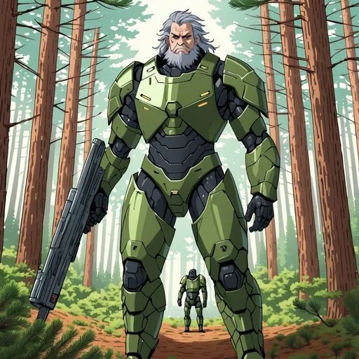 Prompt: Giant man with grey hair and brown eyes wearing green body armour carrying futuristic rifle in pine forest 
