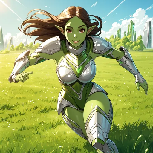 Prompt: Giant elf woman brunette brown eyes light green skin wearing light green futuristic battle armour running gleefully through grass on a sunny day 