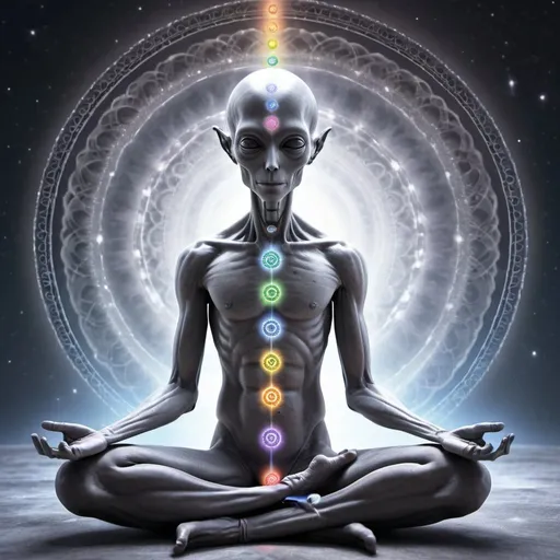 Prompt: Grey Alien meditating with aligned chakras, digital art, serene atmosphere, high quality, detailed, spiritual, alien, meditation, chakras, peaceful, ethereal, cosmic, serene lighting, cool-toned, professional