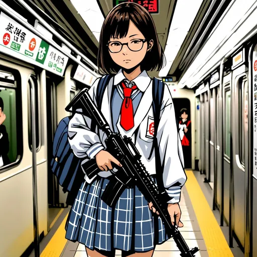 Prompt: Japanese school girl wearing glasses carrying machine gun aboard Tokyo subway train 