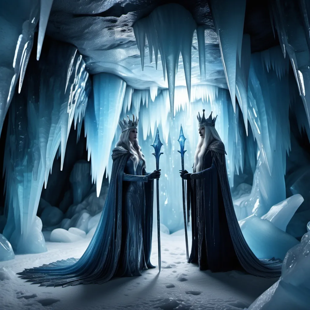 Prompt: (Evil Ice King and Evil Ice Queen), inside a mystical (ice cave), luminous blue and silver hues, dramatic icy formations, shimmering crystal textures, moody and chilling atmosphere, sinister expressions, atmospheric haunting glow, sharp icicles and frosted walls, captivating details, stunningly high quality, (4K), ultra-detailed, magical yet ominous backdrop, spectral ice light reflecting off surfaces.