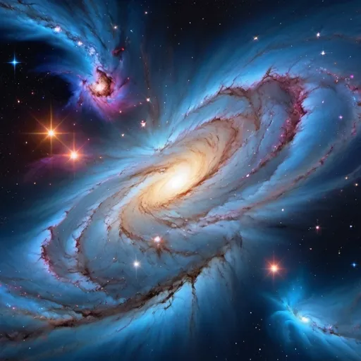 Prompt: (Blue deep space galaxy), vibrant colors, swirling cosmic nebulae, sparkling stars, deep hues of navy and cerulean, ethereal atmosphere, infinite void, captivating celestial structures, cosmic dust clouds, mesmerizing patterns and textures, warm radiant glows, (highly detailed), dreamlike quality, (4K), ultra-detailed, expansive horizons.