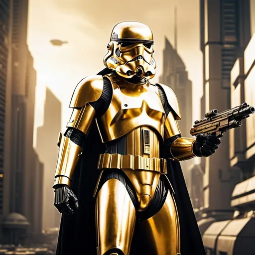 Prompt: Golden Stormtrooper with black cape, Coruscant scenery, detailed armor, powerful stance, high quality, sci-fi, futuristic, urban setting, golden tones, dramatic lighting, menacing presence, blaster in hand, metallic texture, dynamic pose, imposing figure, detailed cityscape