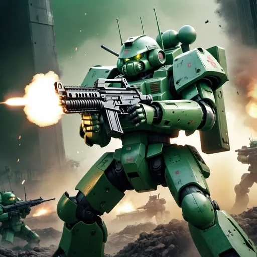 Prompt: Green Zaku firing submachine gun on battlefield, detailed mecha design, military sci-fi style, gritty and intense atmosphere, high quality, detailed, military sci-fi, green color tones, intense battle lighting, futuristic weaponry, urban battlefield setting