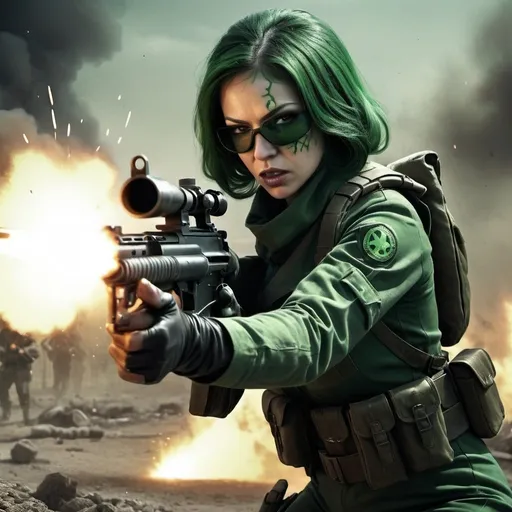 Prompt: Madame Hydra firing machine gun on battlefield, digital painting, intense action scene, high quality, realistic, military-style, dark and gritty, strategic, intense lighting, battlefield detail, focused expression, bullet casings, smoke and dust, dramatic shadows, highres, ultra-detailed, action, military, realistic, intense, strategic, dark tones