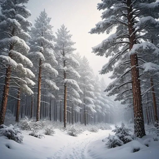 Prompt: Snow-covered pine forest, thick snow, winter landscape, detailed snowflakes, realistic, highres, serene, cool tones, peaceful atmosphere, snowy trees, pine forest, snowy landscape, winter wonderland, detailed branches, snowy silence, tranquil, professional, atmospheric lighting