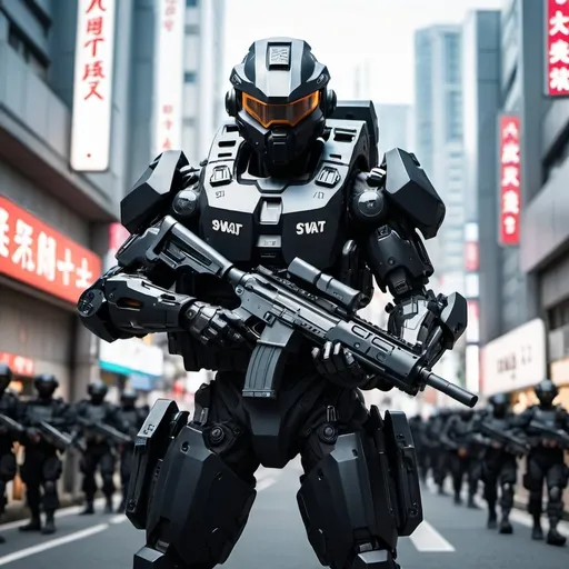 Prompt: Black SWAT team mecha holding small submachine gun in futuristic Tokyo 