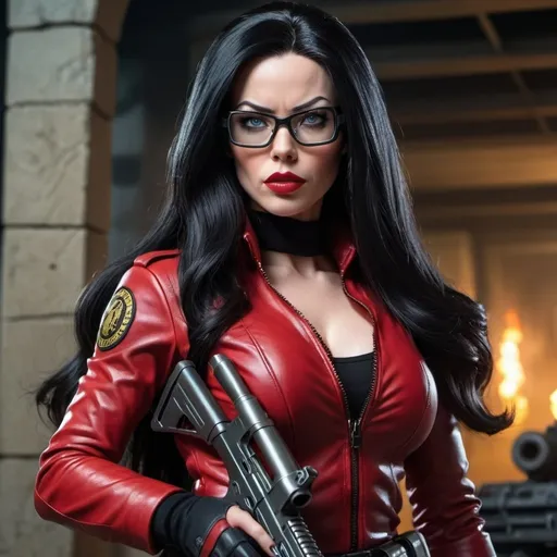 Prompt: Baroness from GI Joe with long black hair, pale skin, wearing glasses, red lipstick, leather outfit with Cobra insignia, holding a submachine gun, inside a stone headquarters setting, detailed facial features, high quality, realistic, action-packed, dark tones, intense lighting