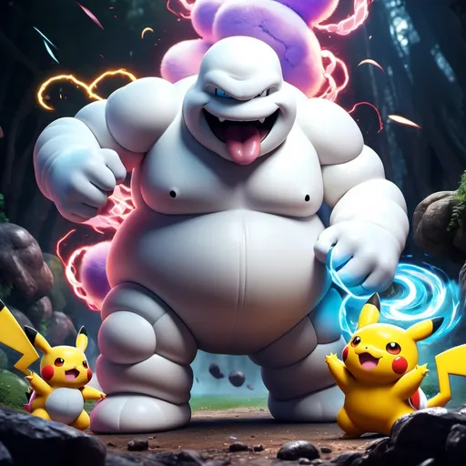 Prompt: (Michelin Man fighting Pokémon), dynamic action scene, showcasing the clash between a fluffy figure and colorful Pokémon, vibrant colors, dramatic lighting effects, energy elements surrounding the characters, detailed expressions of excitement and determination, playful yet intense ambiance, vivid backgrounds filled with swirling motion, high-quality illustration, (4K), adventure theme.