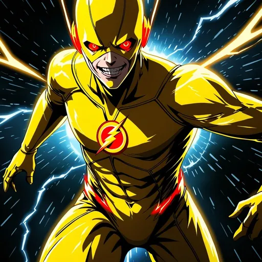 Prompt: Reverse Flash with glowing red eyes and evil grin with yellow streaks coming off body running through space and time barrier