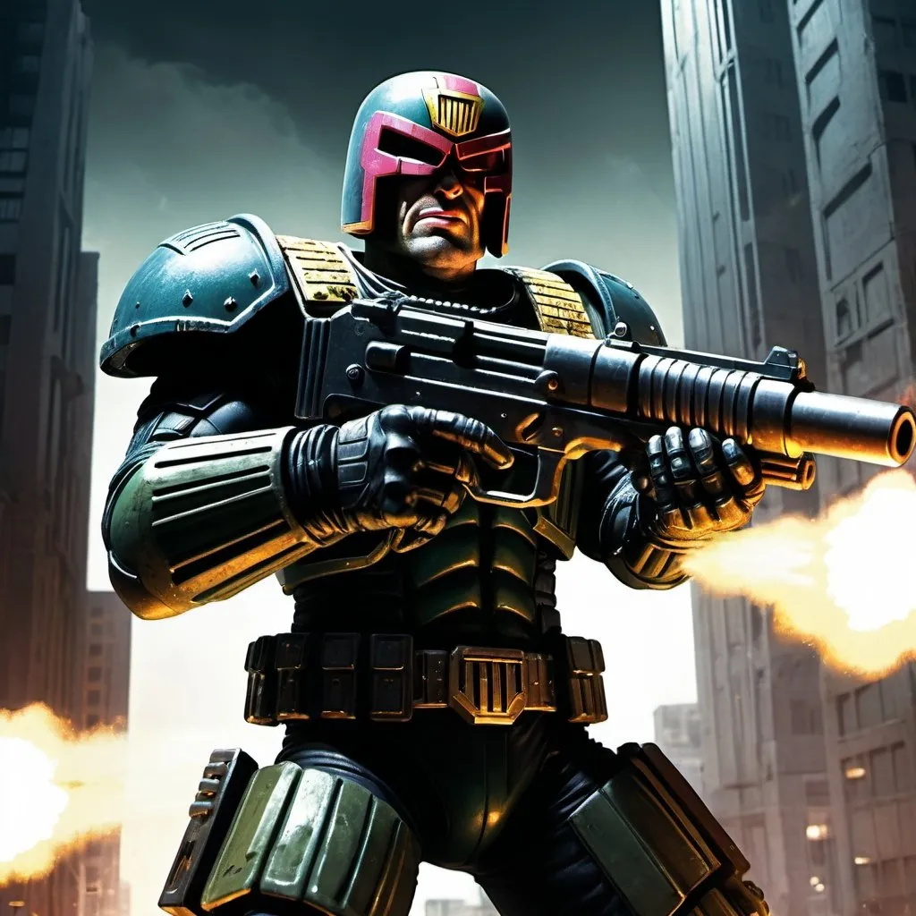 Prompt: Judge Dredd firing heavy machine gun on Law Master, dystopian cityscape, high-octane action, gritty comic-book style, intense lighting and shadows, detailed futuristic urban setting, high quality, comic book, dystopian, intense action, heavy machine gun, Law Master, detailed urban environment, gritty art style, dramatic lighting