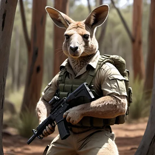 Prompt: Mutant kangaroo commando in army fatigues, rugged Australian bush, high-res, realistic, military, rugged terrain, intense gaze, muscular build, camouflaged fur, powerful stance, detailed fur texture, aggressive, natural lighting, intense, realistic colors, action-packed