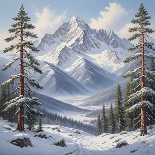 Prompt: Snow-covered mountain panorama, realistic oil painting, majestic peaks in the background, pine trees with snow-laden branches in the foreground, serene and peaceful atmosphere, high definition, realistic, detailed snow textures, vibrant colors, natural lighting