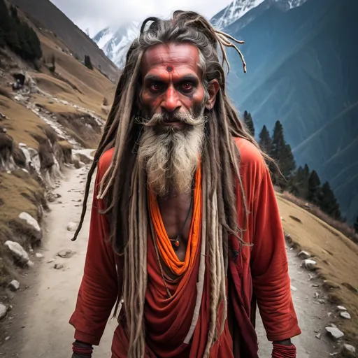 Prompt: Evil sadhu with long dreadlocks and red eyes walking trail in Himalayas 