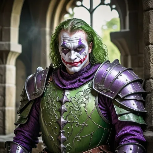 Prompt: Medieval Joker Knight in green and purple armor, medieval setting, detailed armor with intricate designs, menacing and mischievous expression, high-quality, medieval fantasy, green and purple color tones, dramatic lighting, castle backdrop, professional, detailed eyes, armor material, menacing and mischievous, medieval fantasy, detailed castle, traditional painting, highres, ultra-detailed