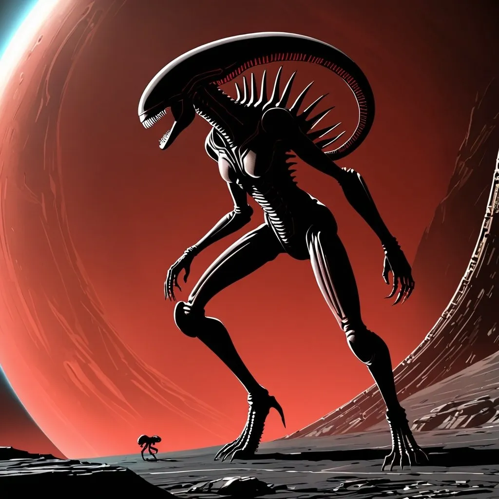Prompt: Red female xenomorph on alien homeworld