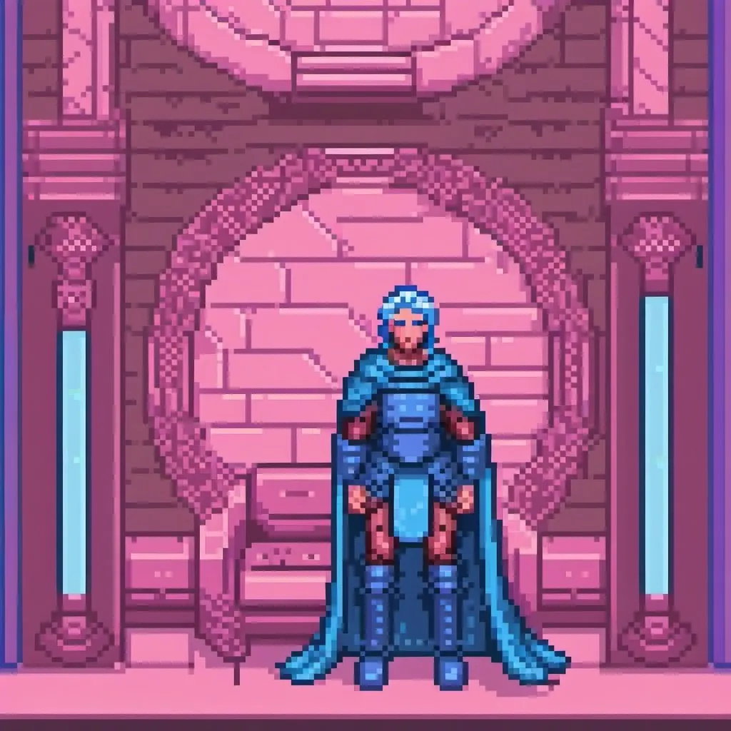 Prompt: Giant man with blue hair, wearing pink body armor and long blue cape, futuristic throne room, sci-fi, detailed armor design, grandiose atmosphere, high-tech architecture, regal lighting, best quality, ultra-detailed, futuristic, grandiose, blue hair, pink armor, throne room, regal, sci-fi, imposing presence, detailed cape, impressive, atmospheric lighting