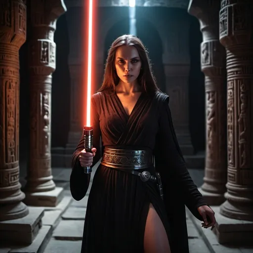 Prompt: Transgender woman sith lord, (intense expression), holding a (glowing) lightsaber, inside an ancient sith temple, (dark and mysterious atmosphere), intricate stone carvings, (dramatic shadows) cascading from flickering torches, (low light) illuminating her powerful stance, (high quality, ultra-detailed) background with ancient relics, (cinematic mood) enhancing the fusion of strength and mystery.