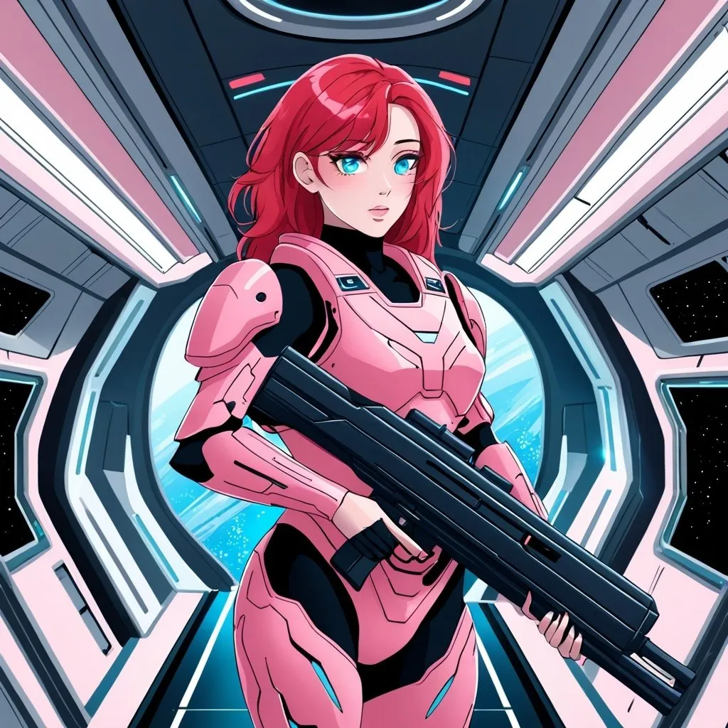 Prompt: Transgender woman in pink body armour red hair blue eyes carrying futuristic rifle inside spaceship 