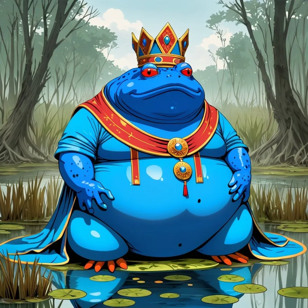 Prompt: Giant overweight blue frog high priest with red eyes wearing blue head dress and long robes in swamp 