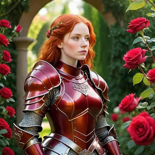 Prompt: Redhead female knight in red armor in a rose garden, vibrant and colorful, high quality, detailed armor, fantasy, medieval, romantic lighting, lush greenery, detailed facial features, intricate armor design, professional-grade, vibrant colors, soft and ethereal lighting