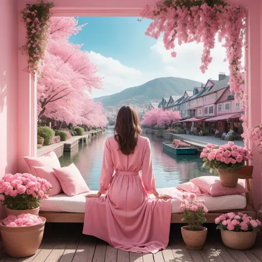 Prompt: Generate AI images with a pink color scheme, portraying women in scenes that blend cozy home environments, and (insert additional element, such as blooming gardens, bustling markets, or serene waterfronts). Infuse these images with a sense of tranquility, sophistication, and feminine beauty, capturing the allure of each setting while evoking feelings of joy, relaxation, and inspiration.