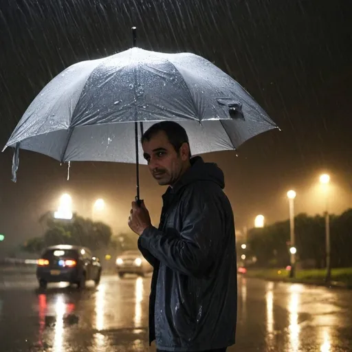 Prompt: um homem com olhar de esperança sob a chuva noturna