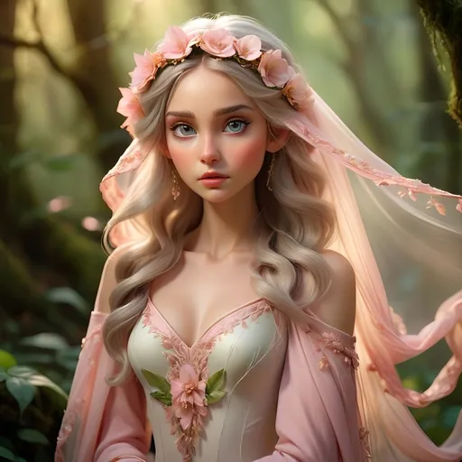 Prompt: Elf ranger in a mystical forest around sunlightWith soft, delicate features framed by cascading, wavy hair, a young woman gazes softly from beneath a flowing, intricately adorned veil in shades of pink. Her large, expressive eyes, highlighted by gentle blush and subtle makeup, evoke a sense of ethereal beauty, enhanced by the floral embellishments that adorn her hair and attire. The background features a dreamy, blurred ambiance, creating a magical, almost surreal quality, while the warm, soft lighting adds a gentle glow to her porcelain skin. The overall composition conveys a serene and enchanting mood, reminiscent of a fairytale or a romantic fantasy, inviting viewers into a world of elegance and grace.