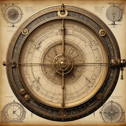 Prompt: Astrolab, ancient astronomical instrument, intricate brass details, vintage parchment background, antique, detailed engravings, steampunk, warm tones, soft ambient lighting, high quality, detailed, vintage, steampunk, antique, brass, intricate details, ancient, astronomical, parchment, warm lighting