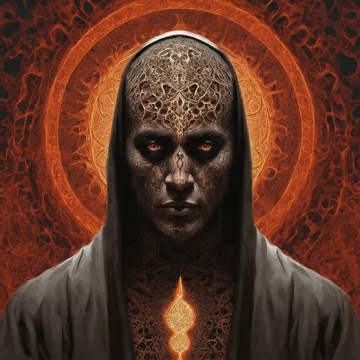 Prompt: {{{{highest quality concept art masterpiece}}}} digital drawing oil painting with {{visible fractal textured brush strokes}}, Dajjal, islamic figure, on one hand he has hell, the other hand he has paradise,blind on one eyes, 8k, the word khafir on his forehead, horrific, horror, misleading people