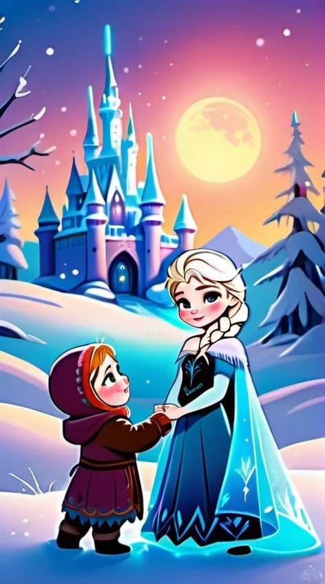 Prompt: Frozen characters as babies in a magical background, glowing magical effects, family setting, high-quality, digital painting, magical, whimsical, vibrant colors, soft lighting, detailed baby features, charming, fantasy, cute, adorable, heartwarming, ice magic, snowy landscape, magical glow, family bonding, digital painting, highres, enchanting, warm lighting