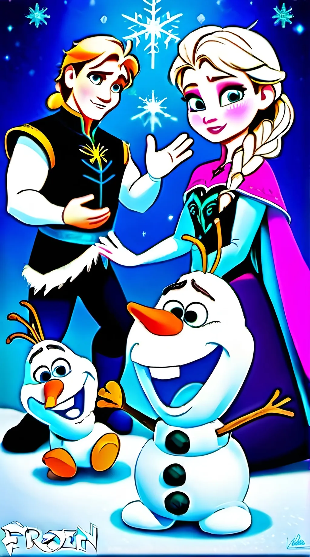 Prompt: Frozen All characters as babys with magical backround details and effects family no doubles
