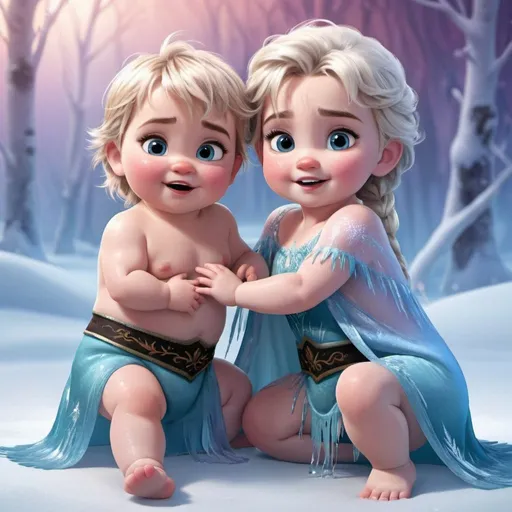 Prompt: Characters crom frozen as babys or kids with pretty backround