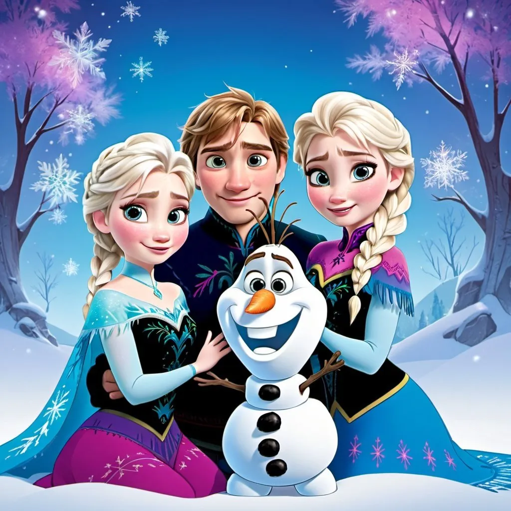 Prompt: Characters from frozen as babys or kids with magical pretty backround like a family photo no doubles