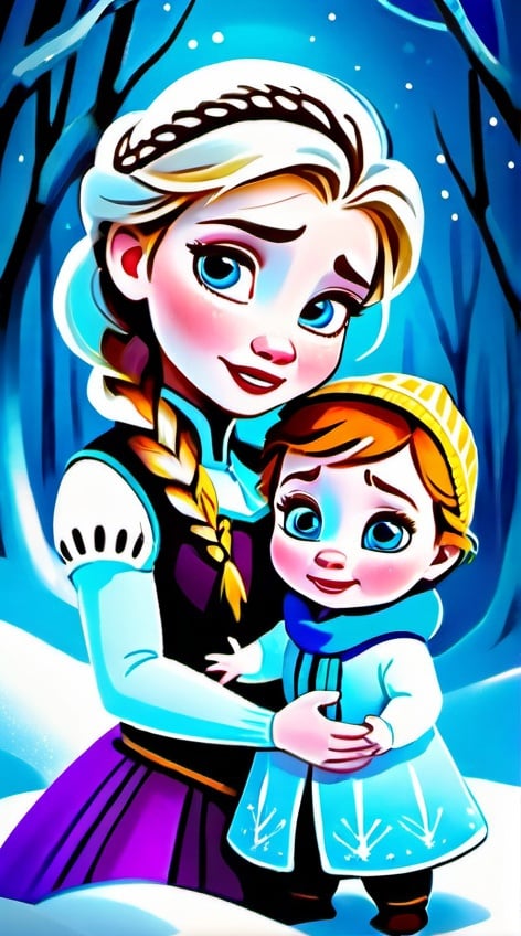 Prompt: Frozen characters as babies in a magical background, glowing magical effects, family setting, high-quality, digital painting, magical, whimsical, vibrant colors, soft lighting, detailed baby features, charming, fantasy, cute, adorable, heartwarming, ice magic, snowy landscape, magical glow, family bonding, digital painting, highres, enchanting, warm lighting