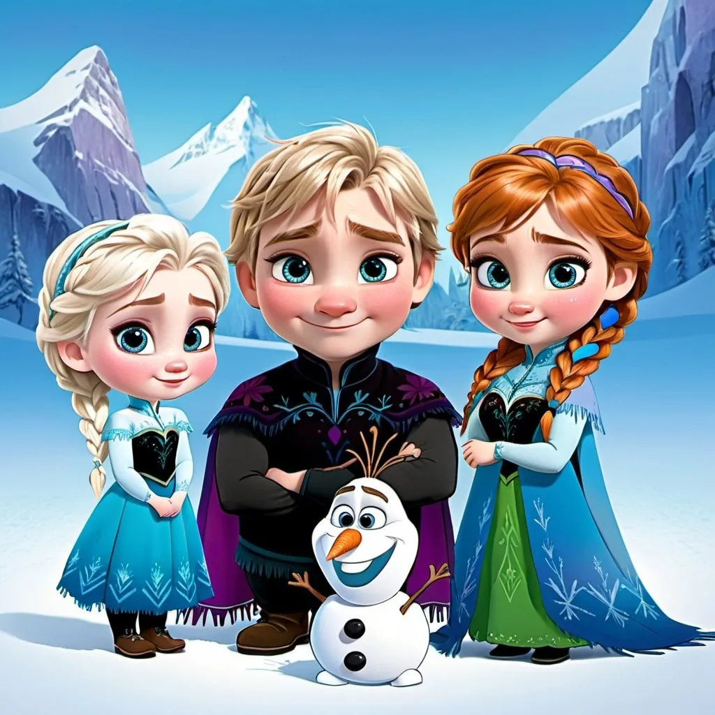 Prompt: Characters from frozen as babys or kids with pretty backround like a family photo
