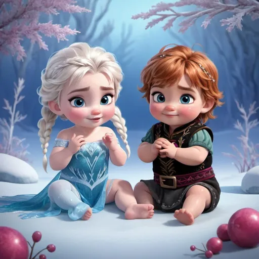 Prompt: Characters crom frozen as babys or kids with pretty backround
