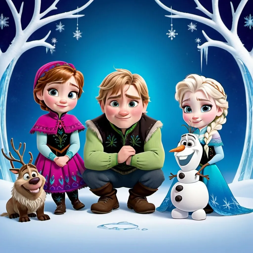 Prompt: Characters from frozen as babys or kids with pretty backround like a family photo